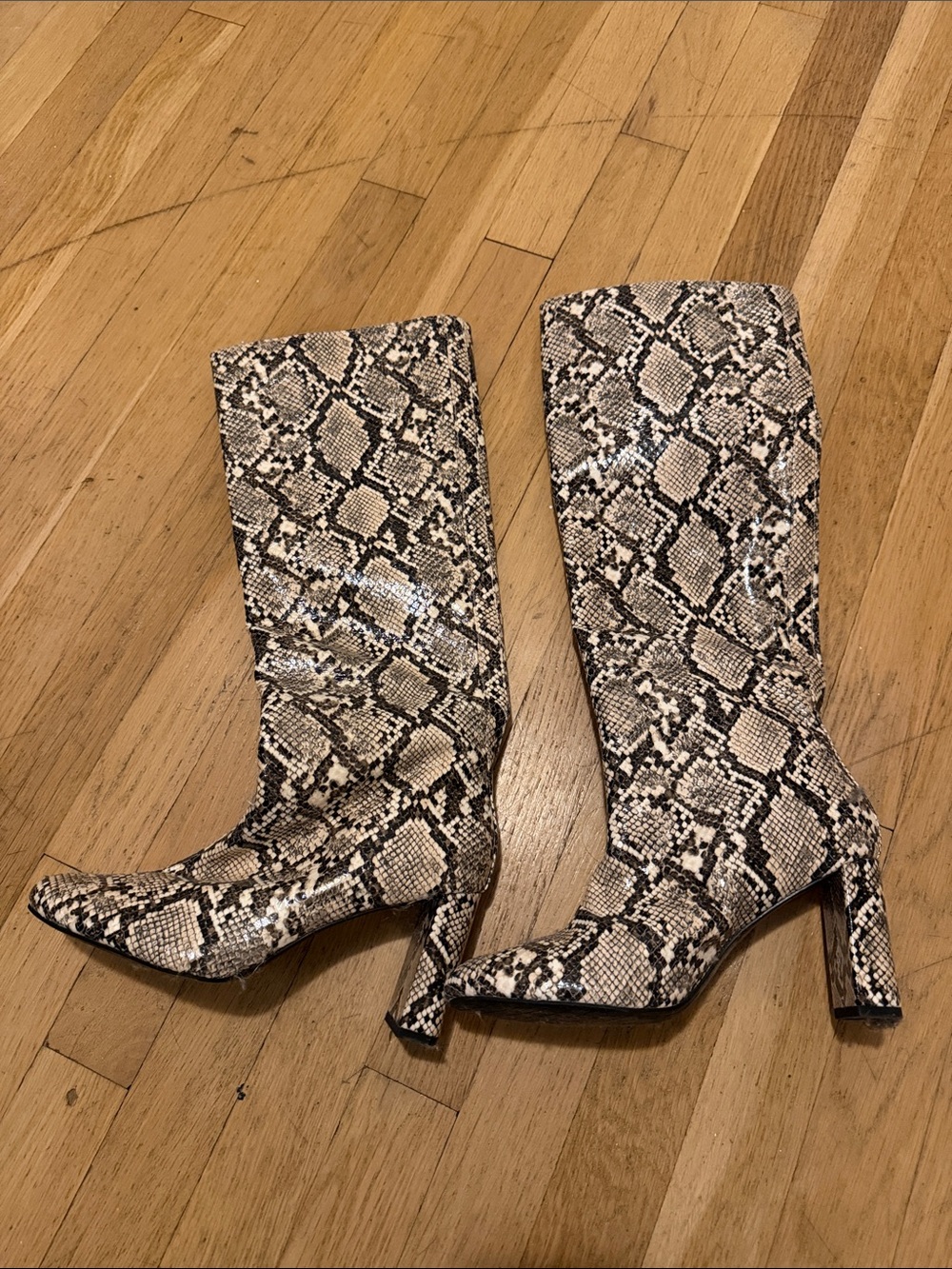 Zara Snake-Print Knee High Heeled Boots - Beige/Black
